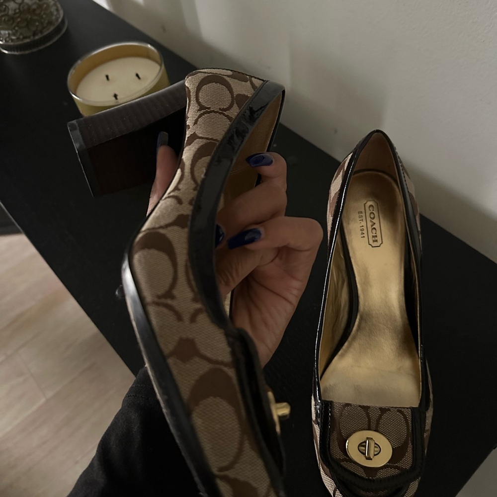 Coach Women's Tan Patterned Block Heels